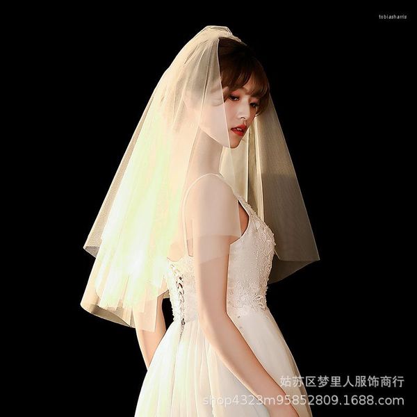 Coiffures mariée voile couverture visage Double court coréen plaine gaze mariage Po Studio coiffure accessoires Style Bouffant