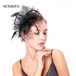 Headpieces stip tule bruids hoeden elegante veren bloemen fascinators zwarte dames belangrijke feest haaraccessoires sh52headwerken