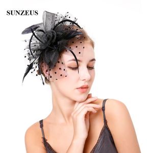 Tocados Dot Tulle Sombreros de novia Elegantes plumas Flores Tocados Negro Mujer Importante Fiesta Accesorios para el cabello SH52Headpieces