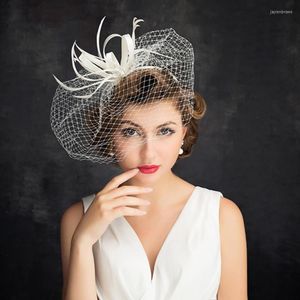 Headpieces Elegant Birdcage Veil Formele Bruids Fascinator Wit Feather Ribbon Wedding Acsessoire For Hair