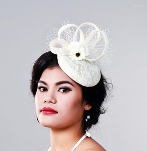 Coiffes élégantes dames ivory voiles fascinateurs mariée mariage sinamay chapeaux femmes femmes lin plume chapeau fedora capuchon