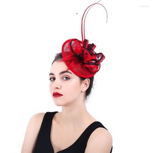 Headpieces European American Style Fashion Bruid Hoofdtooi Red Flax Mesh Feather Bow-Knot Wedding Headpiece Handmade Vintage