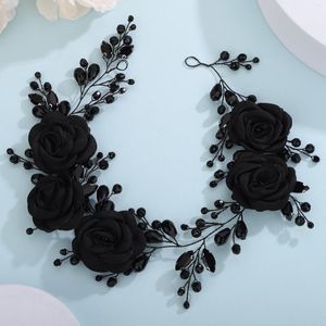 Coiffes Fashion Bride Hair Accessories Big Black Flower Tiaras Hingestone Wedding Head Bijoux Mabaté à la main Crystal Band Floral Hoop