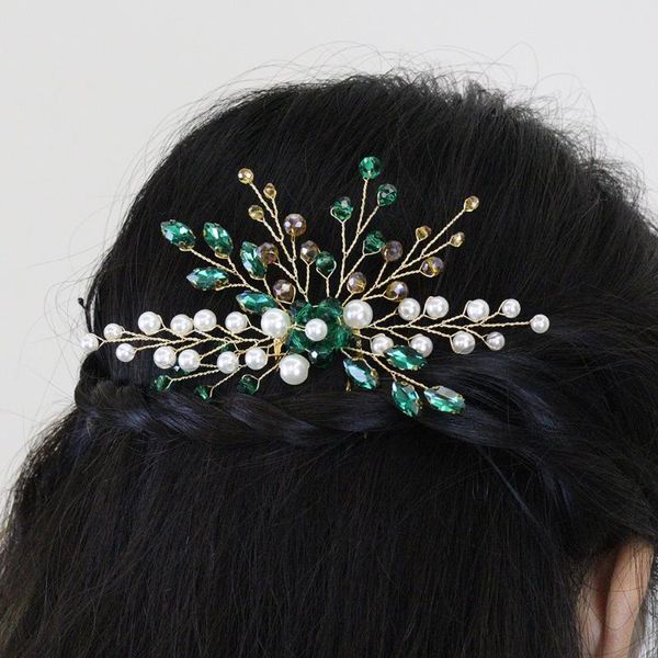 Coiffes Mode Vert Strass Mariée Peigne À Cheveux Perles Cristal À La Main Chapeaux De Mariée Or Floral Accessoires De Mariage