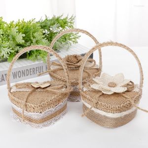 Boîte à bagues en toile de jute romantique, panier de fleurs, support de rangement pour mariage, étui organisateur fait à la main pour couvre-chef de cérémonie