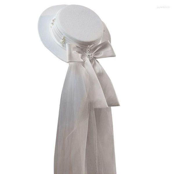 Coiffes French Pearls White Top Hat And Veil Fedora Pour EVJF