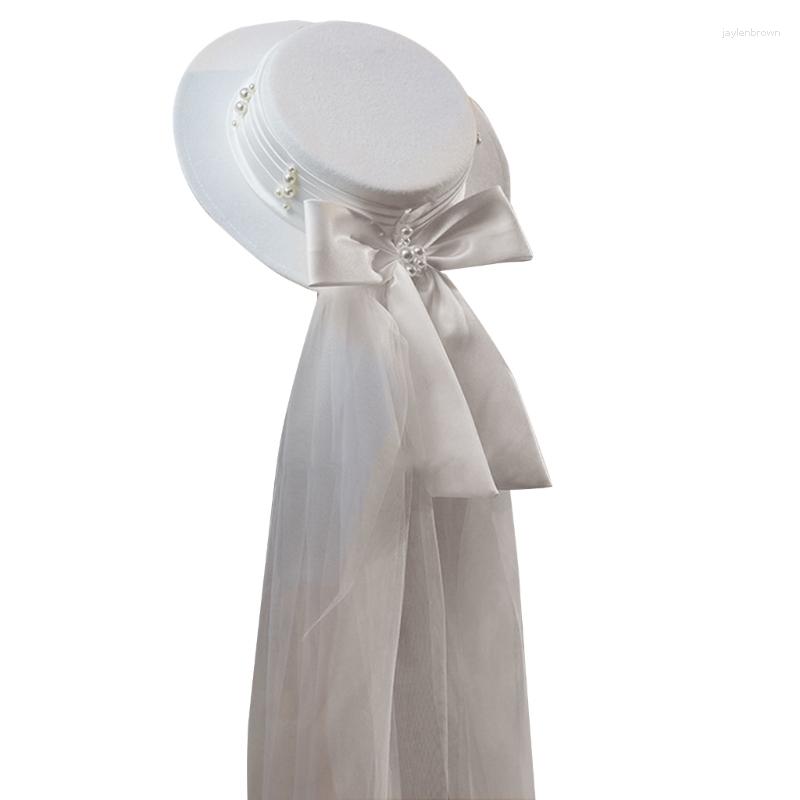 Kopfbedeckungen französische Perlen weißer Top -Hut und Schleier Fedora für Junggesellenparty