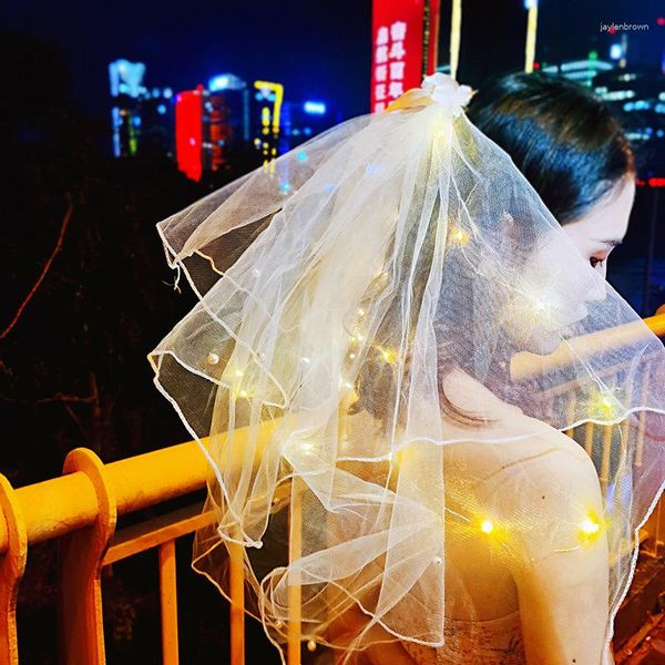 Tocados GH0707C en línea celebridad arco doble velo luminoso cinta uñas perla boda LED Flash Po tocado al por mayor