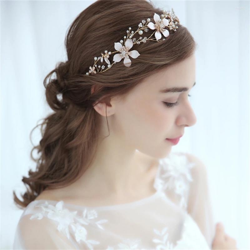 Headpieces Gold Flower Wedding Hair Accessories For Bride 2024 Pearls Women's Headwear 35cm