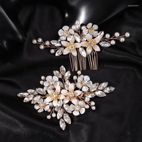 Tocados de oro con diamantes de imitación, accesorios para el cabello de boda, flor hecha a mano, peine de perlas, Clip de cabeza de novia a la moda, tocado de fiesta para mujer, Tiaras