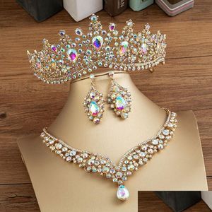 Tocados Gorgeous Crystal Ab Conjuntos de joyería nupcial Pendientes de moda Collares Conjunto para mujer Vestido Corona Tiara Drop Delivery Dhkbg