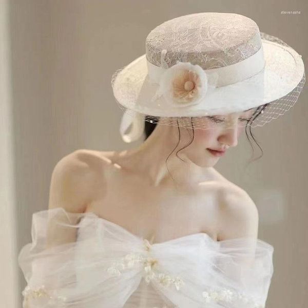 Coiffes Ivoire Dentelle De Mariage Chapeaux Pour Femmes Élégant Mousseline De Soie Fleurs Perles Coiffure De Mariée Mariage Bohème Chic Accessoire Cheveux