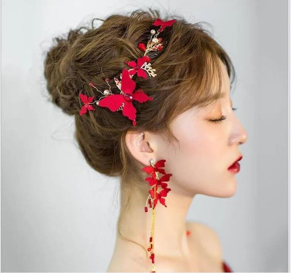 Tocados Tocado de novia coreano Accesorios para el cabello de mariposa roja china nuevos accesorios de boda joyería nupcial traje de tres piezas