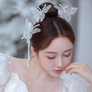 Headpieces Korean Bride's Smart Butterfly Hairspin Beautiful en kleurrijke hars kralen set Chinese stijl bruiloft accessoires