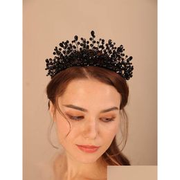 Hoofddeksels Luxe Zwarte Kristallen Kroon Mode Handgemaakte Bruidsmeisje Haarsieraden Tiara's Bruidsaccessoires Voor Vrouwen Hoofddeksel Drop Deli Dhfdo