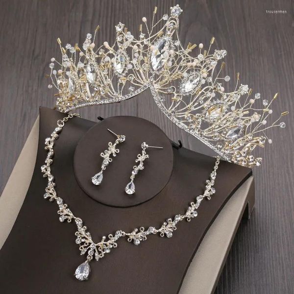 Tocados Accesorios de boda de plata y oro de lujo 3 piezas Coronas Pendientes Sin cuello para joyería nupcial Moda Rhinestone Cumpleaños CrownHead