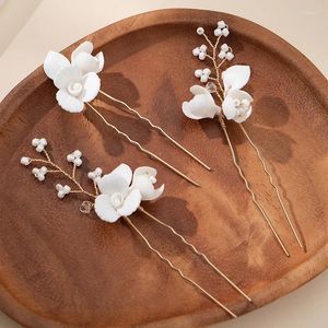 Tocados Miallo Flores de cerámica White Updos Pins para el cabello para nupciales Accesorios de diseño de moda para bodas hechas a mano