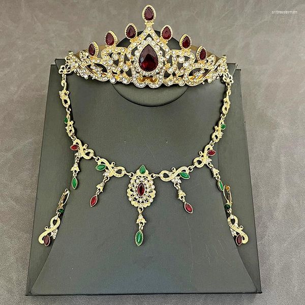 Tocados de oro marroquí, cadenas de joyería para el cabello con diamantes de imitación, tocado de novia árabe, borlas de gota de agua, accesorios de boda para novia