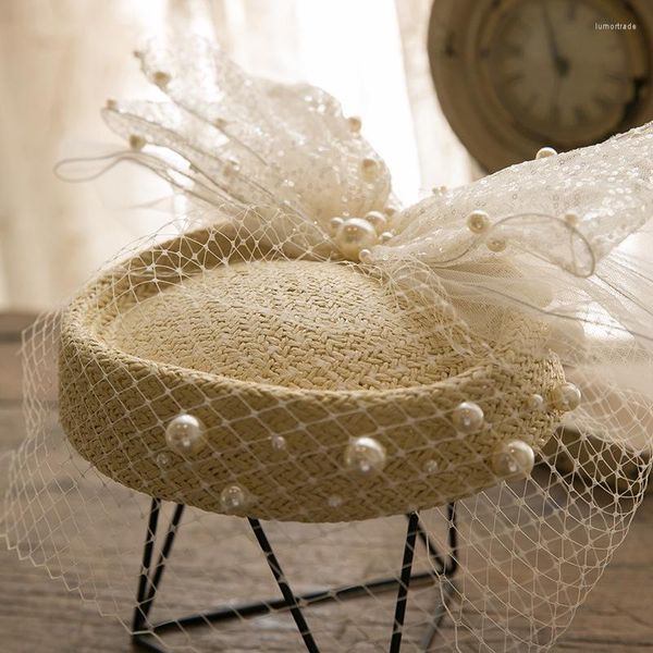 NZUK mariée paille fascinateur chapeau pinces à cheveux dames élégantes perle nœud papillon voile de mariage casque église fête Tocados