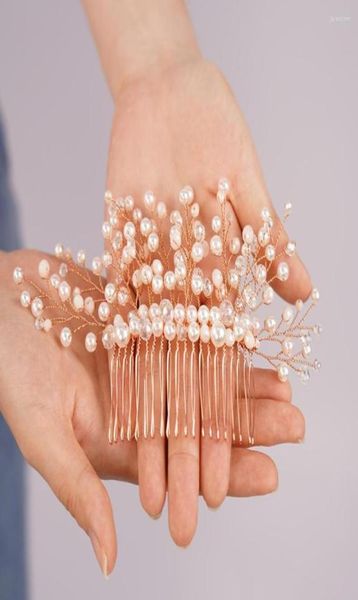 Tocados Pearl Crystal Hair peine para tocado de boda Fashion Heavy Bridal Combs accesorios de fiesta hechos a mano Joyería de oro rosa Ti5846766