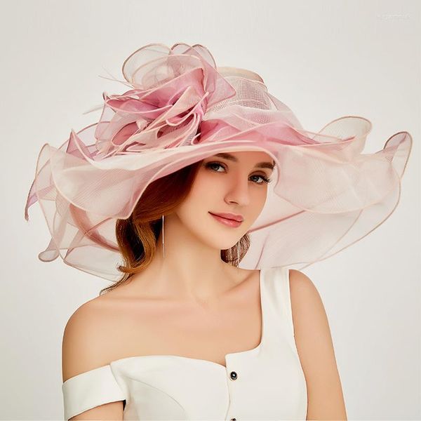 Tocados rosa Kentucky Derby Iglesia sombreros de novia para mujer Organza flores de sol elegante verano ala ancha grande señoras sombrero de boda 2022