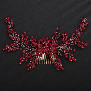 Headpieces Red Rhinestone Bridal Hair Comb Hoofdband Pearl Crystal Wedding Head Accessoires Sieraden Mode Handgemaakt Bruid Party Koofetper