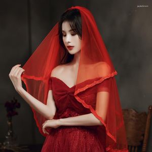 Coiffes voile rouge mariée principale robe de mariée dentelle longue rétro Po accessoires court spectacle Wo vêtements Hijab coiffure