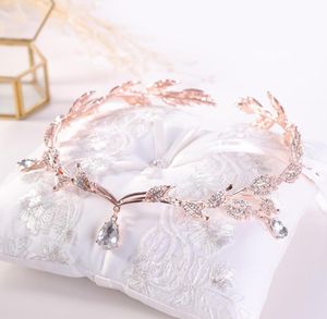 Hoofddeksels Roségoud Kristallen Kroon Bruidshaaraccessoire Bruiloft Strass Druppelblad Tiara Hoofdband Frontlet Bruidshaar Juweel9090185