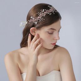 Accessoires de cheveux en or rose, couvre-chef en perles avec ruban, strass décoratifs, bijou brillant pour bandeau de mariage pour femme