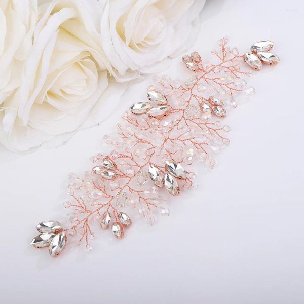 Coiffes de mariage en or rose avec strass, bijoux de tête de demoiselle d'honneur, bandeau en cristal, accessoires de cheveux de mariée, diadème de fête pour femmes