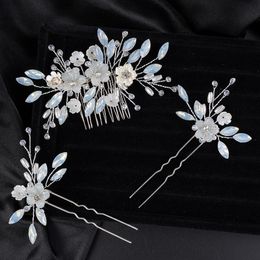 Headpieces Silver Pink Rhinestone Flower Hair Comb voor bruiloft hoofdtooi handgemaakte vrouwen bruidsaccessoires set modefeest haarspinsheadpie