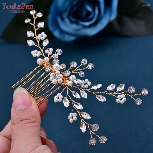 Tocados TOPQUEEN HP22 Crystal Bridal Comb Accesorios para el cabello de boda Headwear Color dorado Mujer Clips Pageant Head Jewelry Tocado