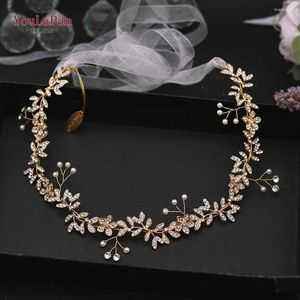 Tocados TOPQUEEN HP89, corona de novia dorada, diadema con cinta de diamantes de imitación, tocado de boda dorado para la frente