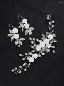 Coiffes à la mode pur blanc fleur cheveux bijoux argent femmes élégantes bandeau pour mariée coiffure accessoires de mariage boucles d'oreilles ensemble