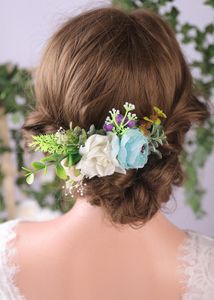 Tocados Vintage azul flor y hojas novia peineta boda tocado hecho a mano fiesta accesorios belleza Clip para mujer