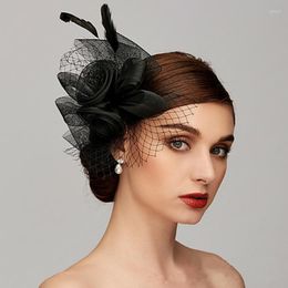 Tocados Sombrero de novia vintage Máscara de malla de plumas Accesorios para el cabello Banquete de boda Blanco Negro