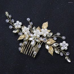 Tocados Vintage Hoja de oro Novia Peine para el cabello Rhinestone Cristal Perla Boda Joyería para la cabeza Accesorios nupciales para mujeres y niñas