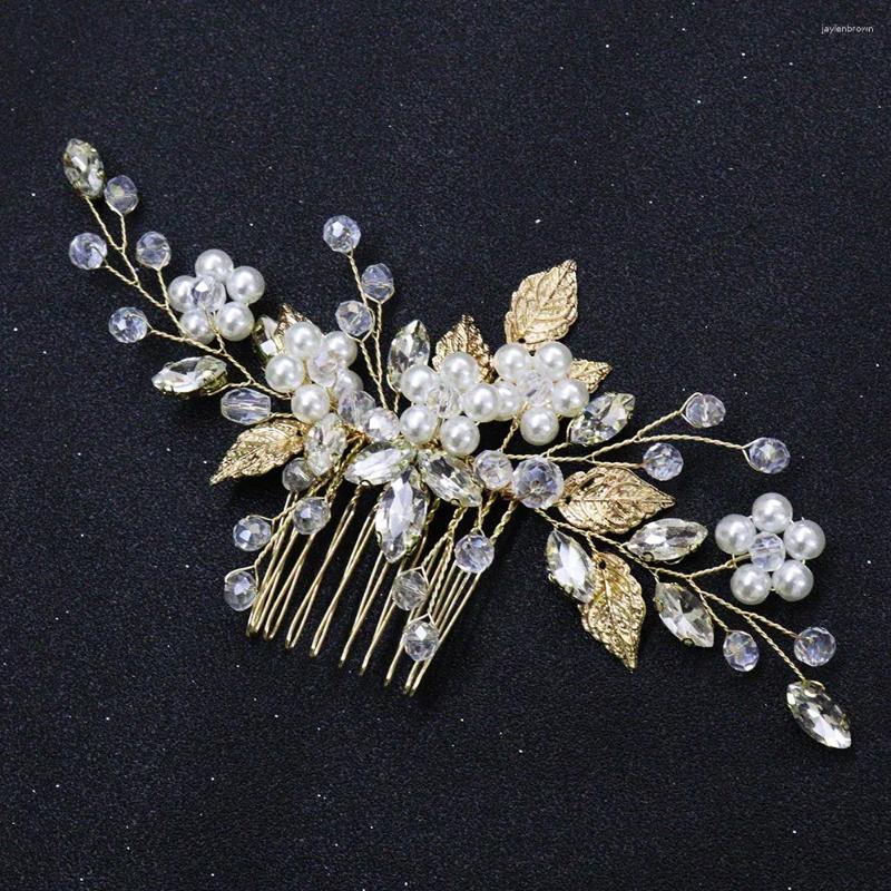 Headpieces Vintage Gold Leaf Bride Hair Comb Rhinestone Crystal Pearl Wedding Head smycken Brudtillbehör för kvinnor och flickor