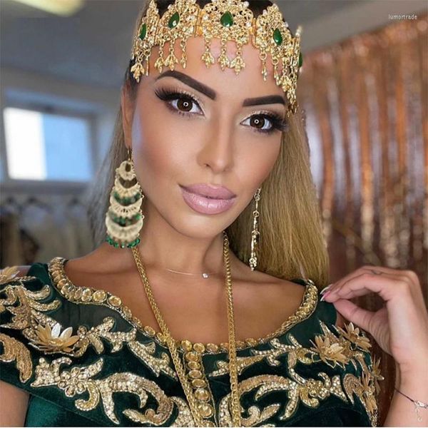 Tocados Gota de agua Cristal Cadena nupcial para el cabello Diamantes de imitación coloridos Mujeres argelinas Joyería chapada en oro Tiaras grandes y coronas