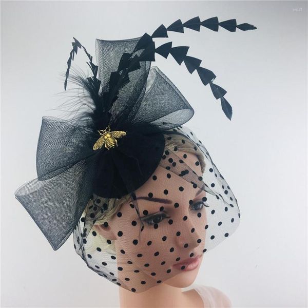 Coiffes Accessoires De Cheveux De Mariage Pour Femmes Plume Dentelle À Pois Couverture De Visage Birdcagegold Band Fascinators