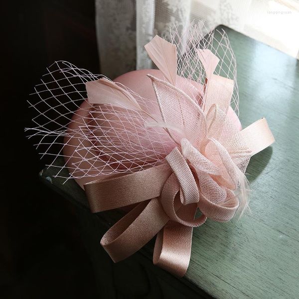 Tocados, sombreros de boda para mujer, sombrero de copa Vintage de plumas rosas, marfil elegante para novia, velo de jaula de pájaros, accesorios fascinadores