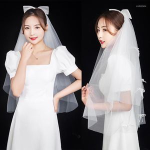 Tocados, velo de novia con lazo de cinta, accesorios para el cabello para novias, tul transparente blanco de 2 niveles, borde de corte Simple, tocado hasta el codo