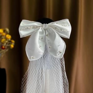 Headpieces White Bow Veil Haar Clips Pearl Bronrettes Mesh Wedding Bruid Accessoires Headstukken