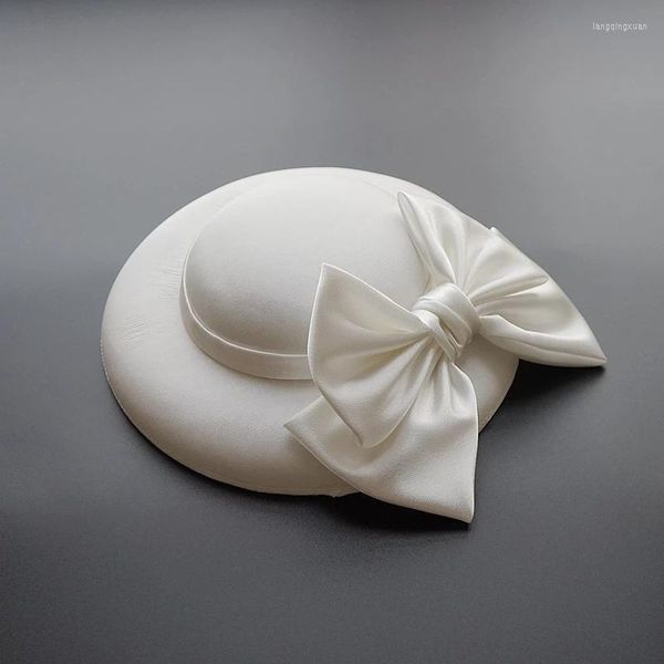 Tocados Sombrero blanco para fiesta, boda, ala ancha, Fedora, elegante, lazo grande, tocado, accesorios para el cabello para iglesia, 2022