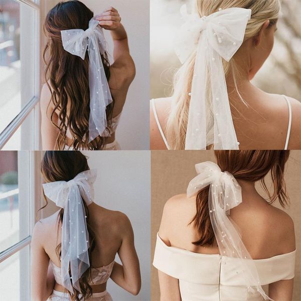 Coiffes blancs oversize arc à cheveux épingle nette net yarn bowknot ruban hair cuir longue dame wedding filles accessoire de mariée pour femmes