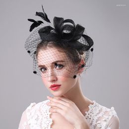 Hoofddeksels Vrouw Bruiloft Hoeden Met Kam Zwarte Veer Netto Cover Gezicht Bruids Voor Vrouwen Elegante Facinators Accessoires Mariage