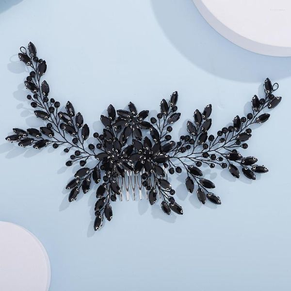 Coiffes femmes délicates grand noir brillant strass fleur cristal perles mariée mariage cheveux peigne bandeau accessoires de luxe