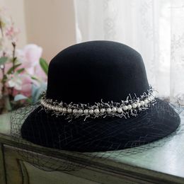 Headpieces Women's Fedoras Black Wedding Birdcage Veil Hepburn Style Fisherman Hat Female Wool Felt Basin For Bridal Accessories