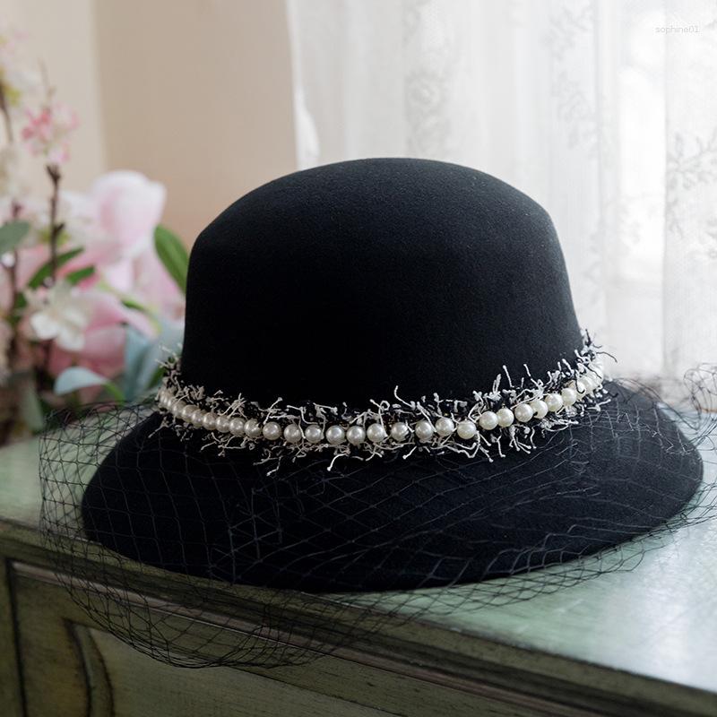 Headpieces Women's Fedoras Black Wedding Birdcage Veil Hepburn Style Fisherman Hat Female Wool Felt Basin för brudtillbehör