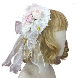 Coiffes X7YC Lolita Bonnet Sweet Lace Flower Pearl Beading Top Hat Kawaii Bow Side Hair Clip